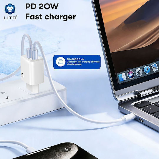 Lito Wireless Charger With USB-A Output Port And USB-C Output Port 20W Power Delivery White (LC28)