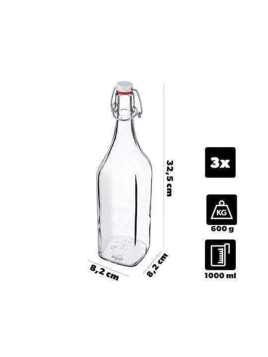 Kadax Μπουκάλι Νερού Γυάλινο με Κλιπ Διάφανο 1000ml 3 Τεμάχια