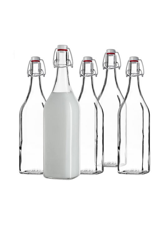 Kadax Μπουκάλι Νερού Γυάλινο με Κλιπ Διάφανο 1000ml 5 Τεμάχια