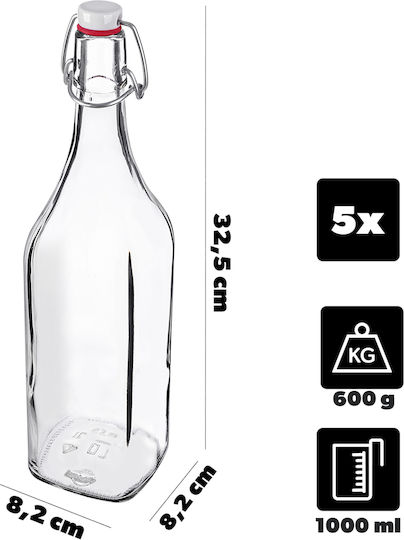 Kadax Μπουκάλι Νερού Γυάλινο με Κλιπ Διάφανο 1000ml 5 Τεμάχια