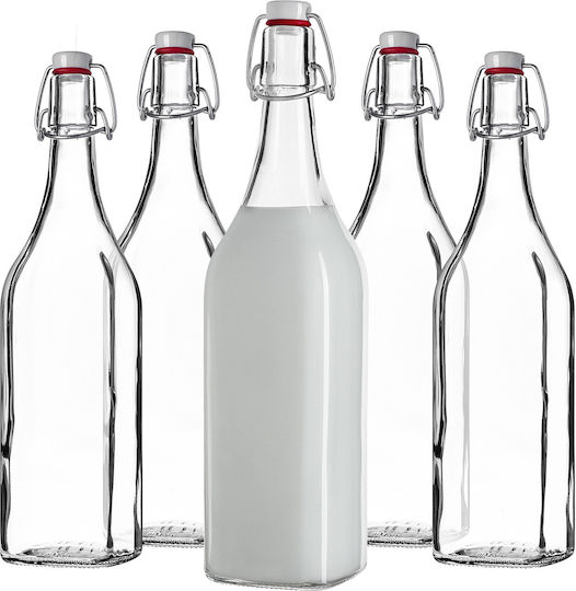 Kadax Μπουκάλι Νερού Γυάλινο με Κλιπ Διάφανο 1000ml 5 Τεμάχια