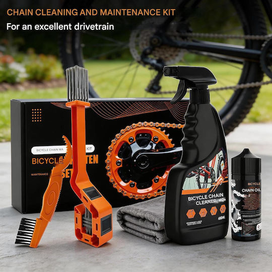 Set Curățare Lanț Bicicletă Degresant 450 Ml Ulei Lanț 120 Ml Perii Curățare Transmisie Lavetă Microfibră Set Întreținere Mtb Bicicletă Șosea Ebike