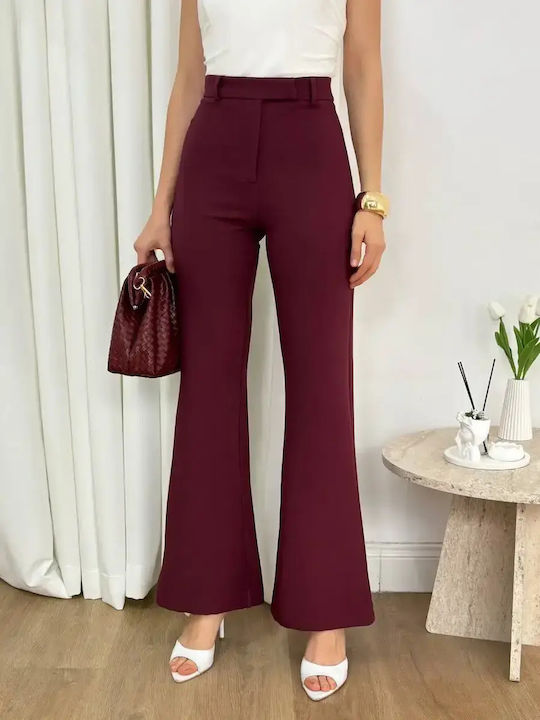 Women's High Rise Fabric Flared Trousers in Slim Fit Burgundy