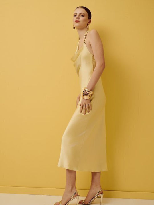 Summer Midi Evening Slip Dress Satin Open Back Yellow