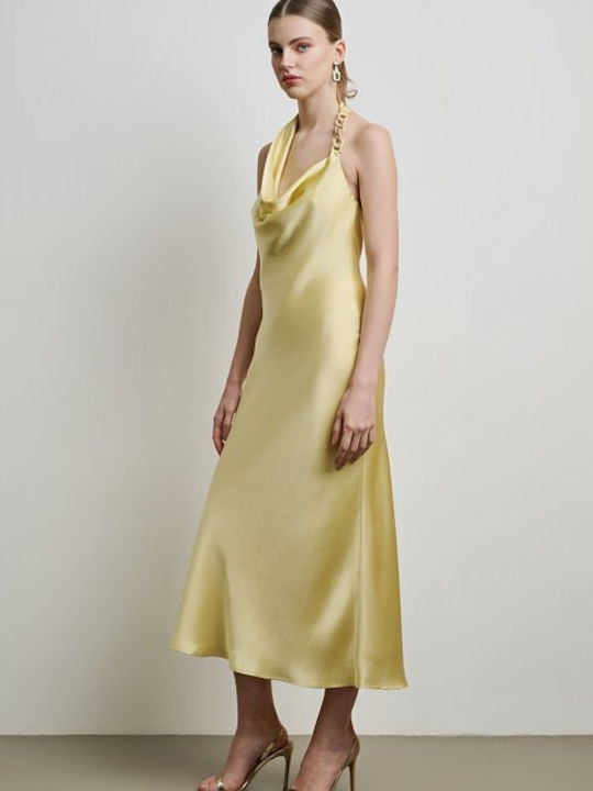 Summer Midi Evening Slip Dress Satin Open Back Yellow