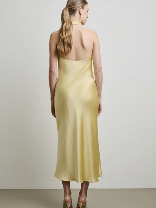 Summer Midi Evening Slip Dress Satin Open Back Yellow