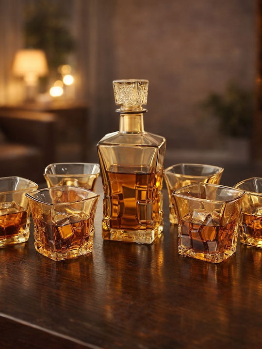 Velve Carafă de Servire din Sticlă pentru Whiskey cu Dop și Pahare Galben Miere 300ml 7 Bucăți