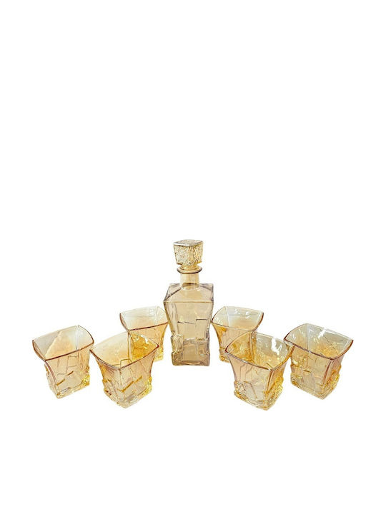 Velve Carafă de Servire din Sticlă pentru Whiskey cu Dop și Pahare Galben Miere 300ml 7 Bucăți