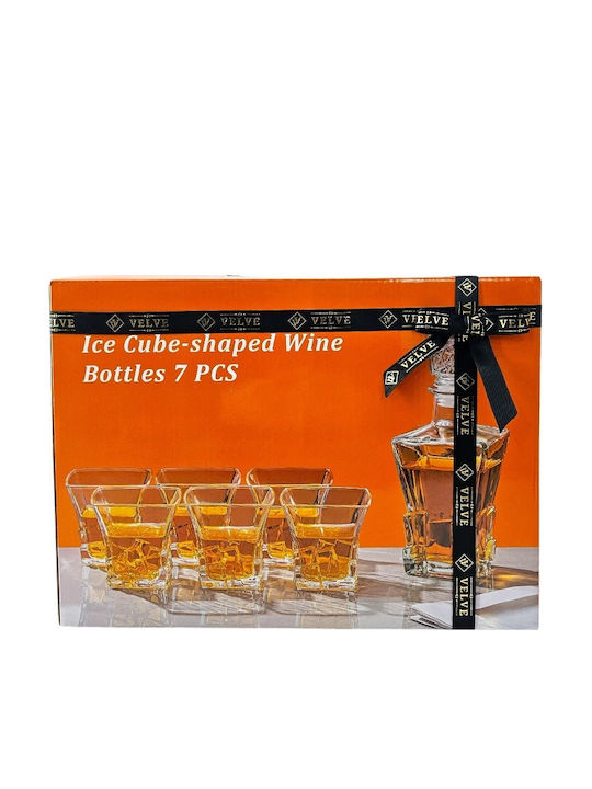 Velve Carafă de Servire din Sticlă pentru Whiskey cu Dop și Pahare Galben Miere 300ml 7 Bucăți