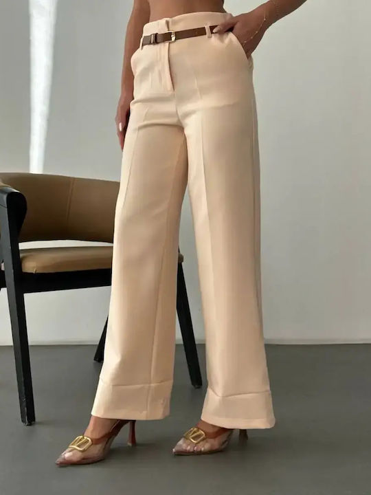 Women's High Rise Fabric Trousers in Slim Fit Beige