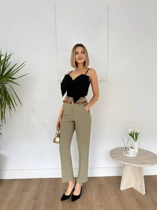 Women's High Rise Fabric Trousers in Slim Fit Khaki