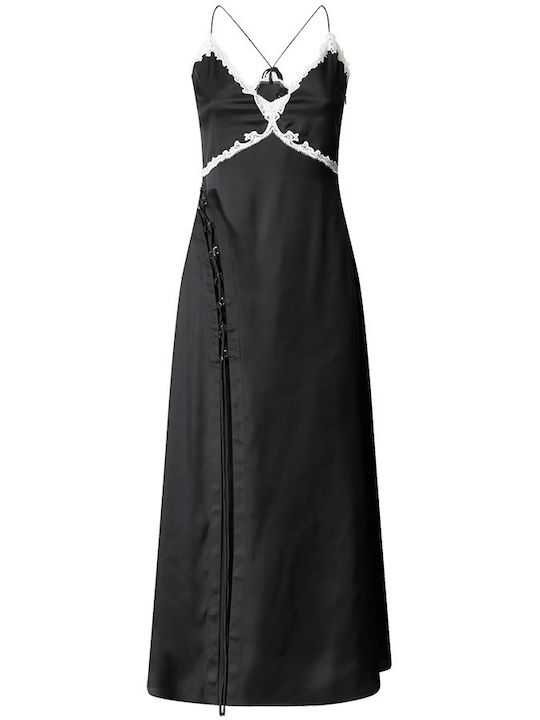 Summer Midi Slip Dress for Wedding - Christening Satin with Lace Black