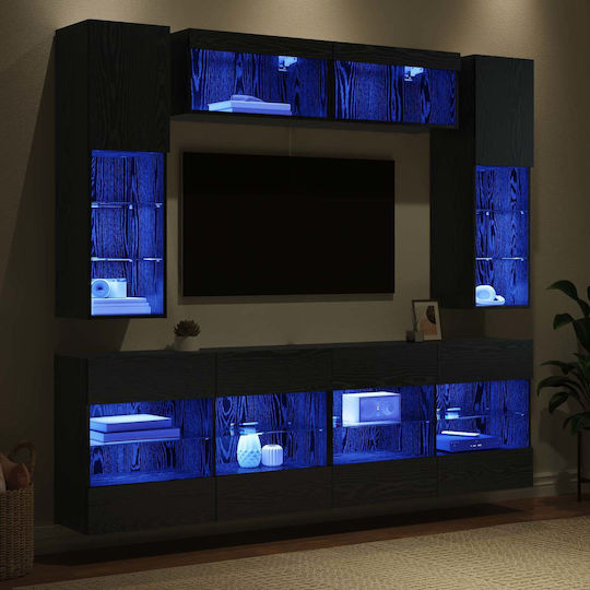 Bibliotecă Living Neagră Stejar Cu Iluminare L197xL30xÎ60.5cm