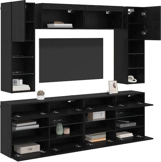 Bibliotecă Living Neagră Stejar Cu Iluminare L197xL30xÎ60.5cm