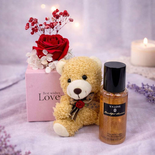 Velve Geschenkset Teddy Bär Rote Seife Rose Kryogene Gypsophila Glänzendes Body Mist