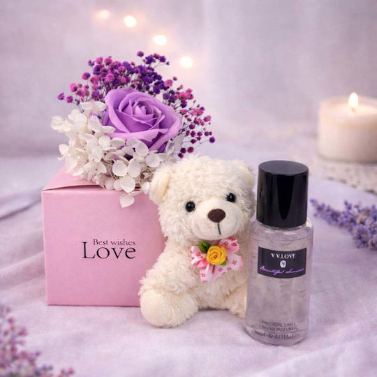 Set Cadou Crem Ursuleț Teddy Trandafir Mov Săpun Gypsophila Criogenată Shine Body Mist