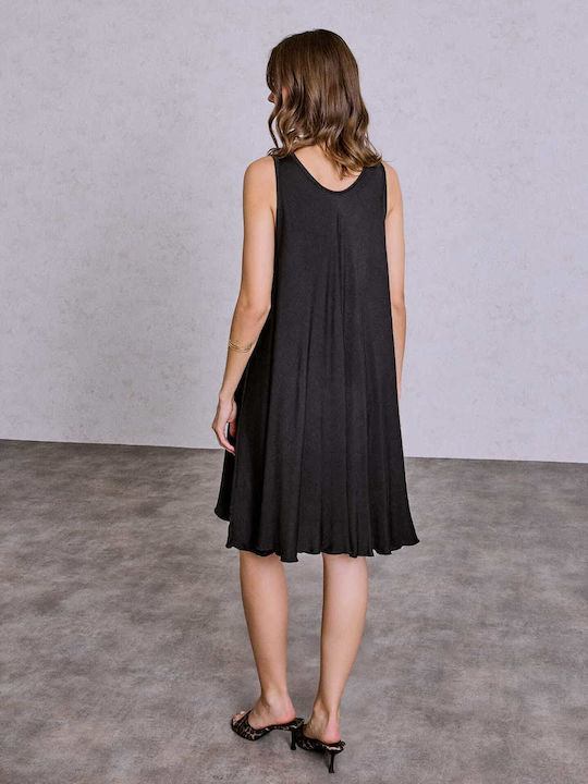 slim fit dress slacks Black Loose-fit Mini Dress with Pockets