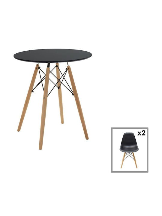 Artekko Jolly Runder MDF Tisch 2 Stühle PP Schwarz Φ60x73 cm 3tlg 047-6222-b-s3