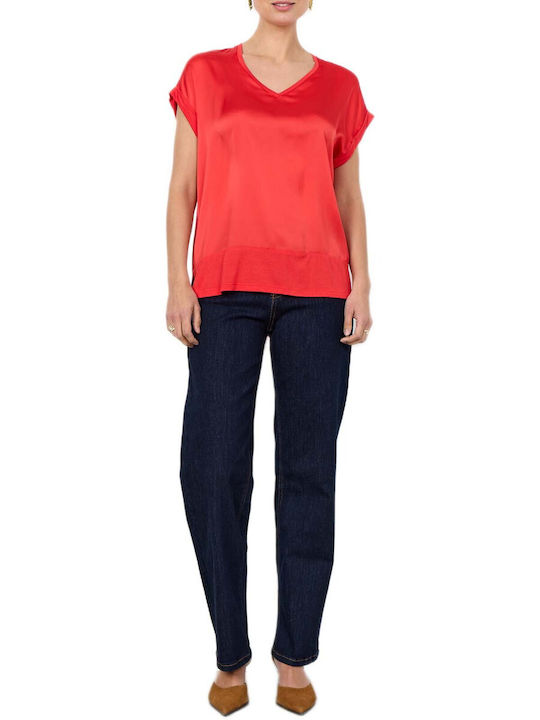 Women's Satin Blouse with V-Neck Red