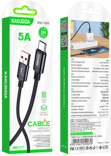 Kakusiga Braided USB 2.0 Cable USB-C Male - USB-A Black 3m KSC-1000-C-BK