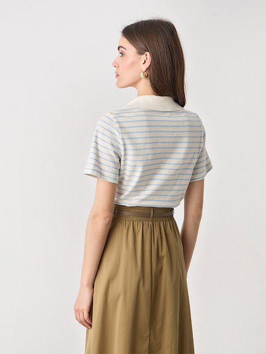 Women's Polo Short Sleeve Striped Light Blue Blouse