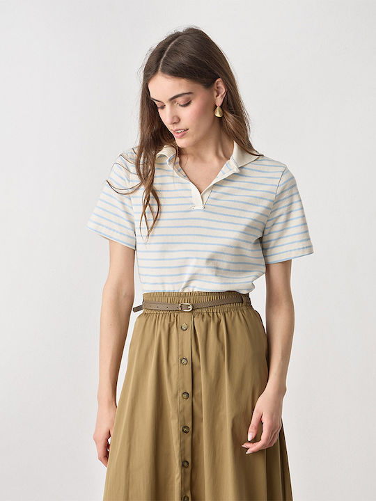 Women's Polo Short Sleeve Striped Light Blue Blouse