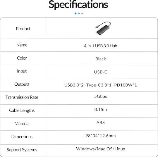 Orico USB Хъб С 4 Порта USB 3.0 С Връзка USB-C / USB-A