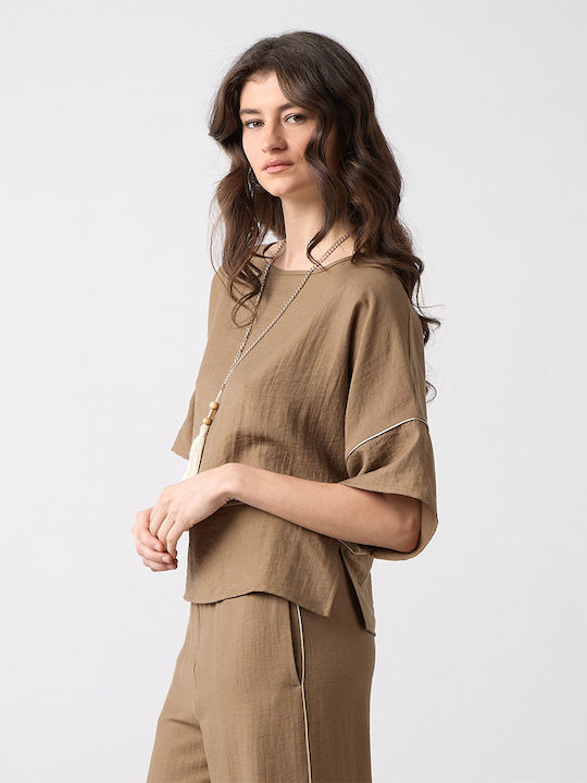 Women's Blouse with 3/4 Sleeve and Smile Neckline Olive