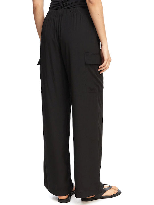 Liu Jo Women's High Waist Fabric Cargo Trousers with Rubber Band in Straight Leg Style Black