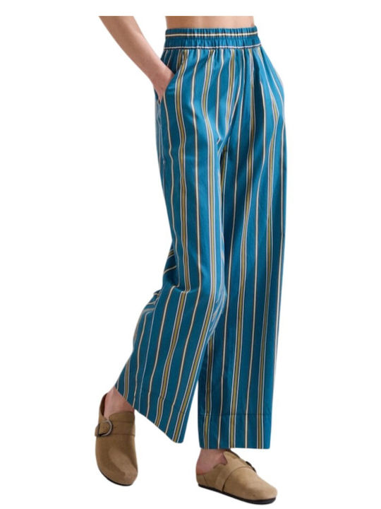 Women's Fabric Trousers with Rubber Band in Loose Fit Striped Petrol Blue