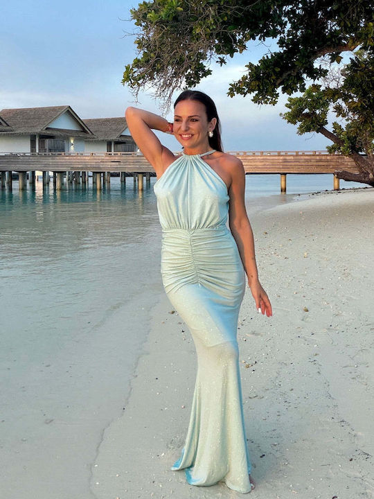 Summer Maxi Dress for Wedding - Christening Open Back Light Blue