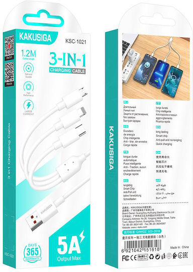 Kakusiga Mehrere Anschlusskabel USB zu Typ-C / Blitzschlag / Micro-USB Kabel 5A Weiß 1,2m KSC-1021