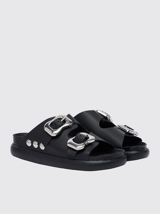 2 Straps Δερμάτινα Γυναικεία Σανδάλια Μαύρα