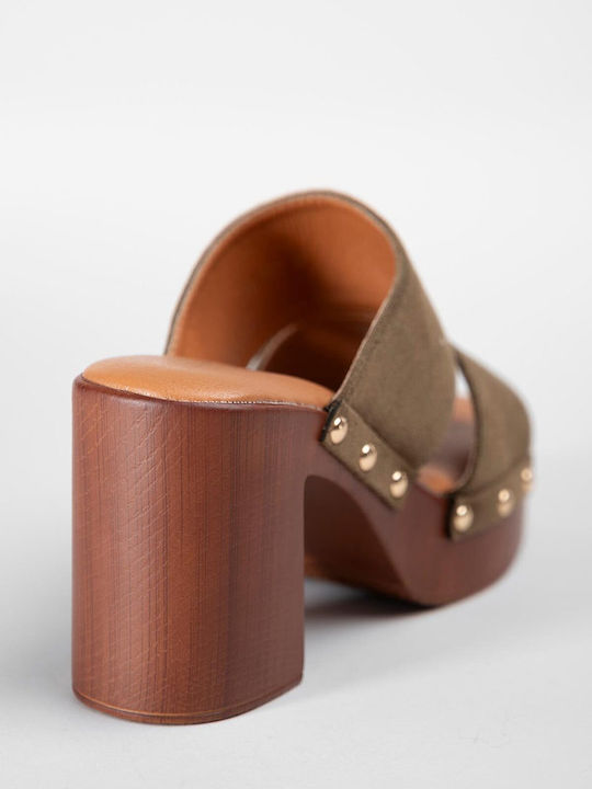 Suede Women's Mules with Chunky High Heel in Green Color
