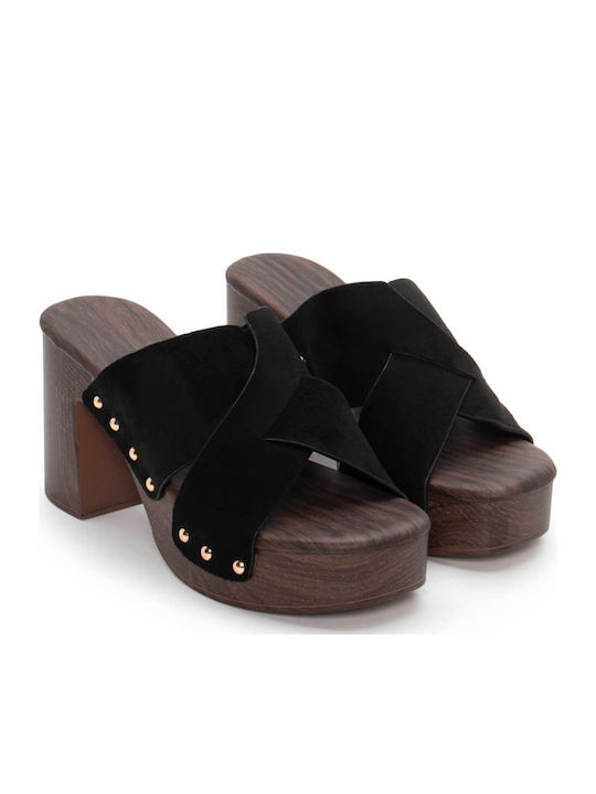 Suede Mules με Ψηλό Τακούνι σε Μαύρο Χρώμα