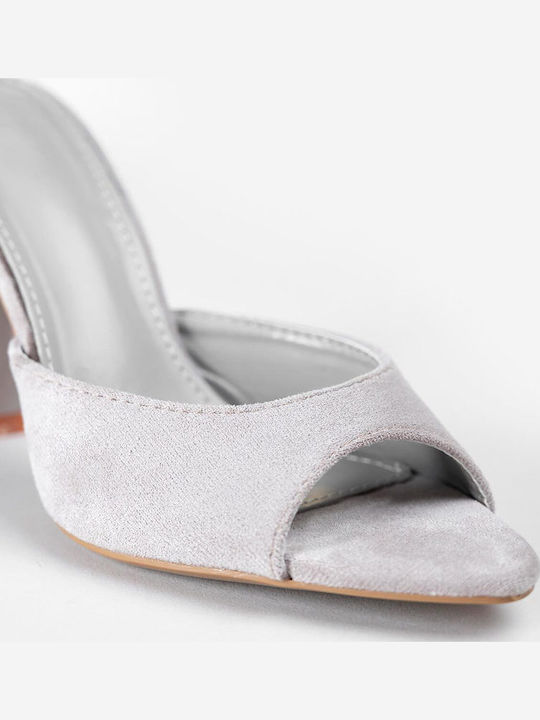 Suede Mules με Λεπτό Ψηλό Τακούνι σε Γκρι Χρώμα