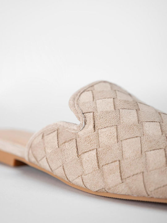 Pantofi Mules Dama Flat Din Catifea Bej