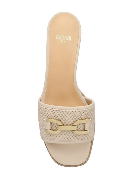 Leather Mules with Chunky Low Heel in Beige Colour