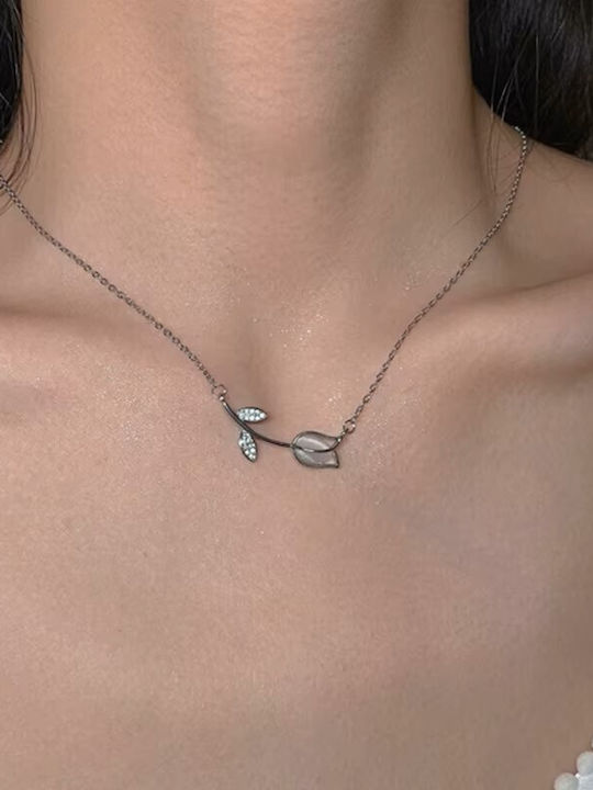 By Queen Silver Minimal Elegant Tulip Necklace With Zircon
