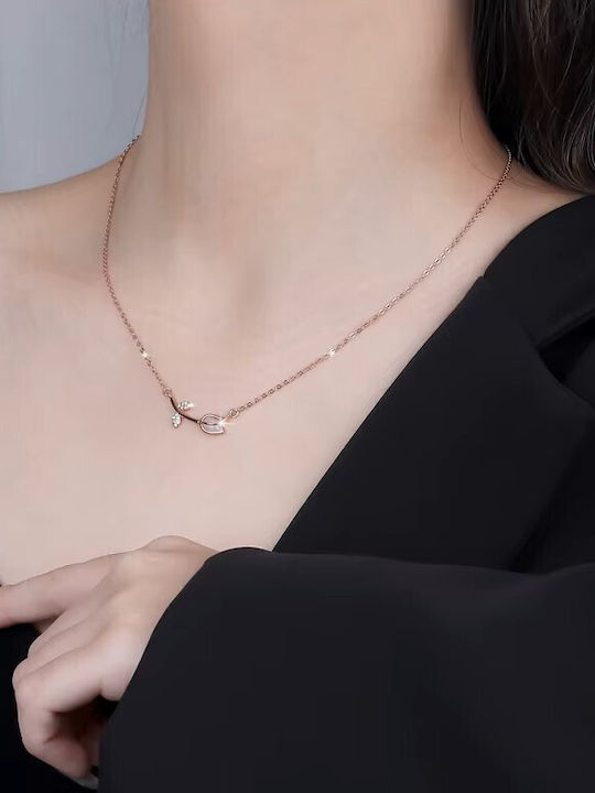 By Queen Ασημένιο Rose Gold Plated Κολιέ Τουλίπα Mε Ζιργκόν