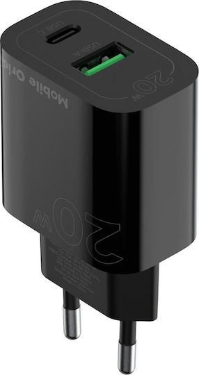 Mobile Origin Charger Without Cable with USB-A Port and USB-C Port 20W Power Delivery Black (MO12)