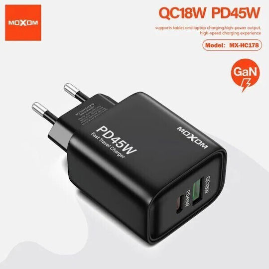 Moxom Wireless Charger With USB-A Output Port And USB-C Output Port 45W Power Delivery Quick Charge 4.0 Black MX-HC178