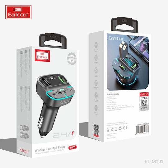 Earldom Handy-Autoladegerät 2.4A Schnellladen mit Anschlüssen: 2xUSB 1xType-C und FM-Sender Schwarz Farbe
