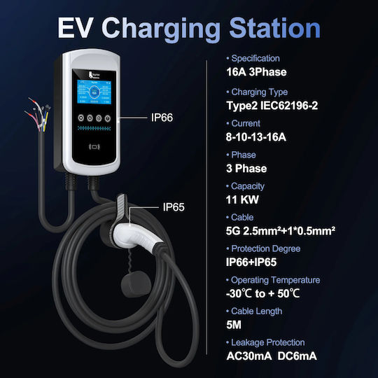 Qova Stație de Încărcare Montată pe Perete Monofazată 11kW cu Cablu Încorporat Tip 2