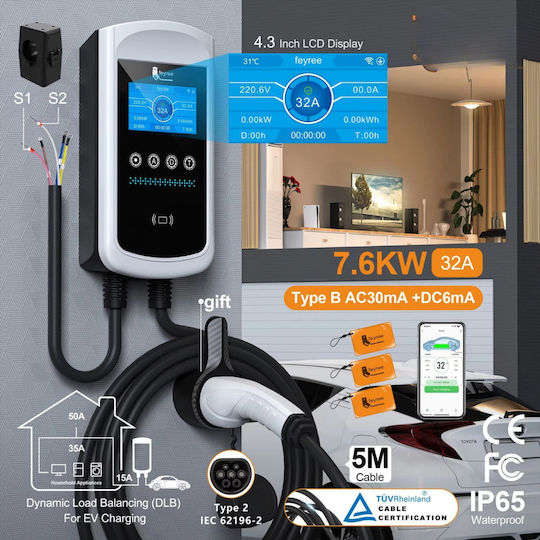 Qova Stație de Încărcare Montată pe Perete Monofazată 7.6kW cu Cablu Încorporat Tip 2