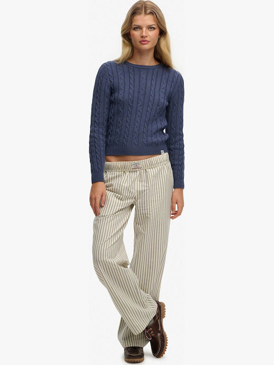 Women's Fabric Capri Trousers with Rubber Band Striped Blue