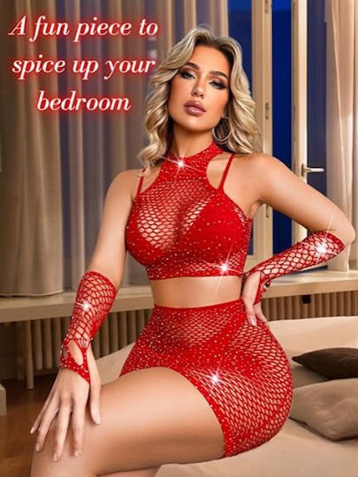 Roza Rz60383z Σέξυ Σετ Δίχτυ Στρας – Γυναικείο Bodystocking 2 Τεμαχίων One Size Κόκκινο