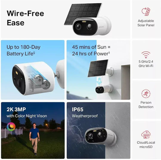 Mercusys MC410 KIT v2 Cameră de Supraveghere IP Wi-Fi Full HD+ 3MP Impermeabilă cu Baterie cu Comunicare Bidirecțională și Obiectiv 3.6mm