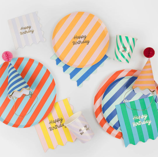 Meri Meri Γλυκού Stripe Happy Birthday Πιάτο για Party 8τμχ