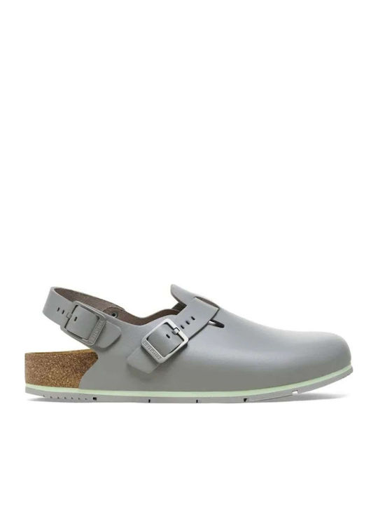 Birkenstock Δερμάτινα Ανατομικά Σαμπό Γκρι